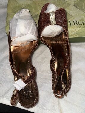 J.Renee Metallic Copper Slingback Flats with Bow and Rhinestone Accent